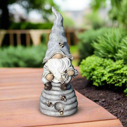 Gnome with Bee Sitting on Beehive Garden Statue