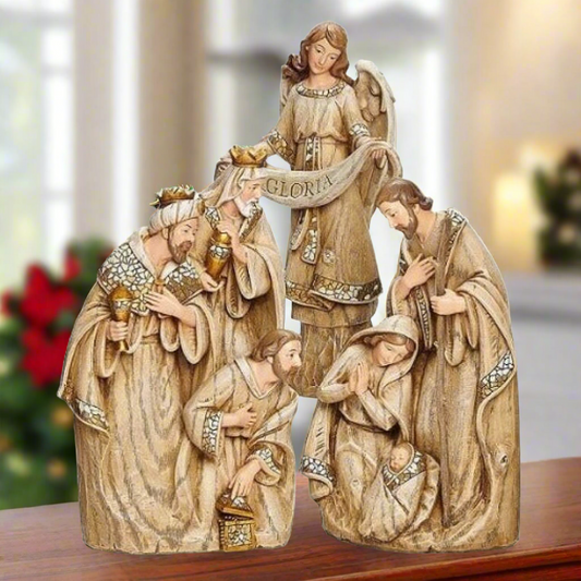 Mosaic Wood Carved 3-Piece Nativity Set by Roman