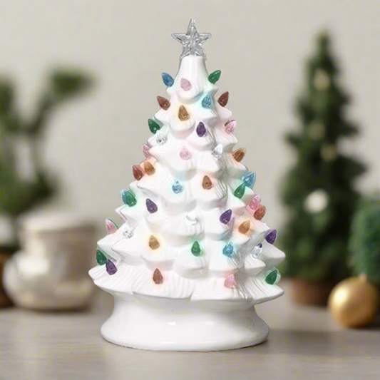 Roman 8" Ceramic Vintage White Christmas Tree with Colorful LED Bulbs