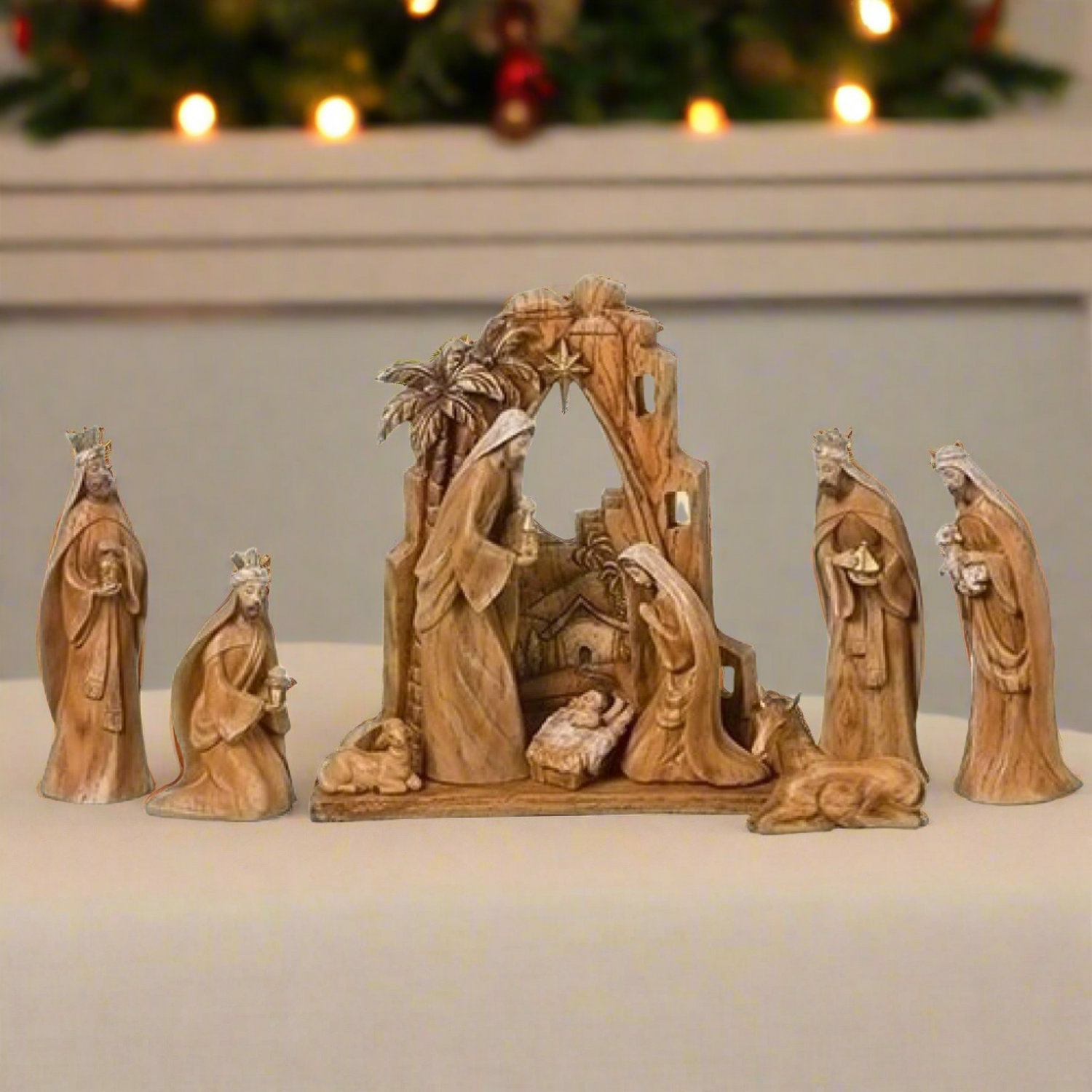 Roman 9pc Set Carved Nativity Scene Back Drop Faux Wood Grain