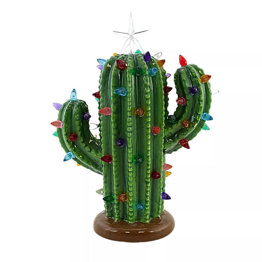 Roman 12.00in Lighted Ceramic Cactus, Ceramic, Battery Operated Star 137068