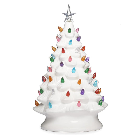 Roman 13.5" Ceramic Vintage White Christmas Tree with Colorful LED Bulbs