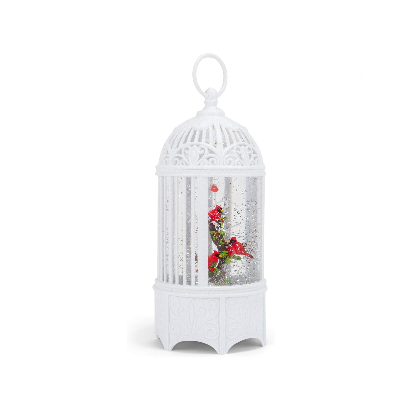 Roman White LED Glitter Swirl Birdcage Lantern with Cardinals