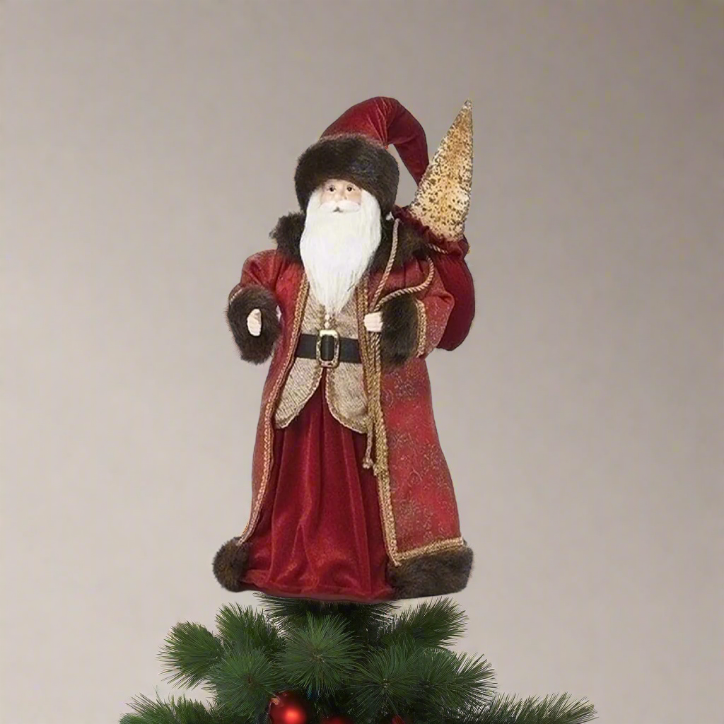 Roman 134483 Red Santa with Brown Fur Tree Topper, 18-inch Height