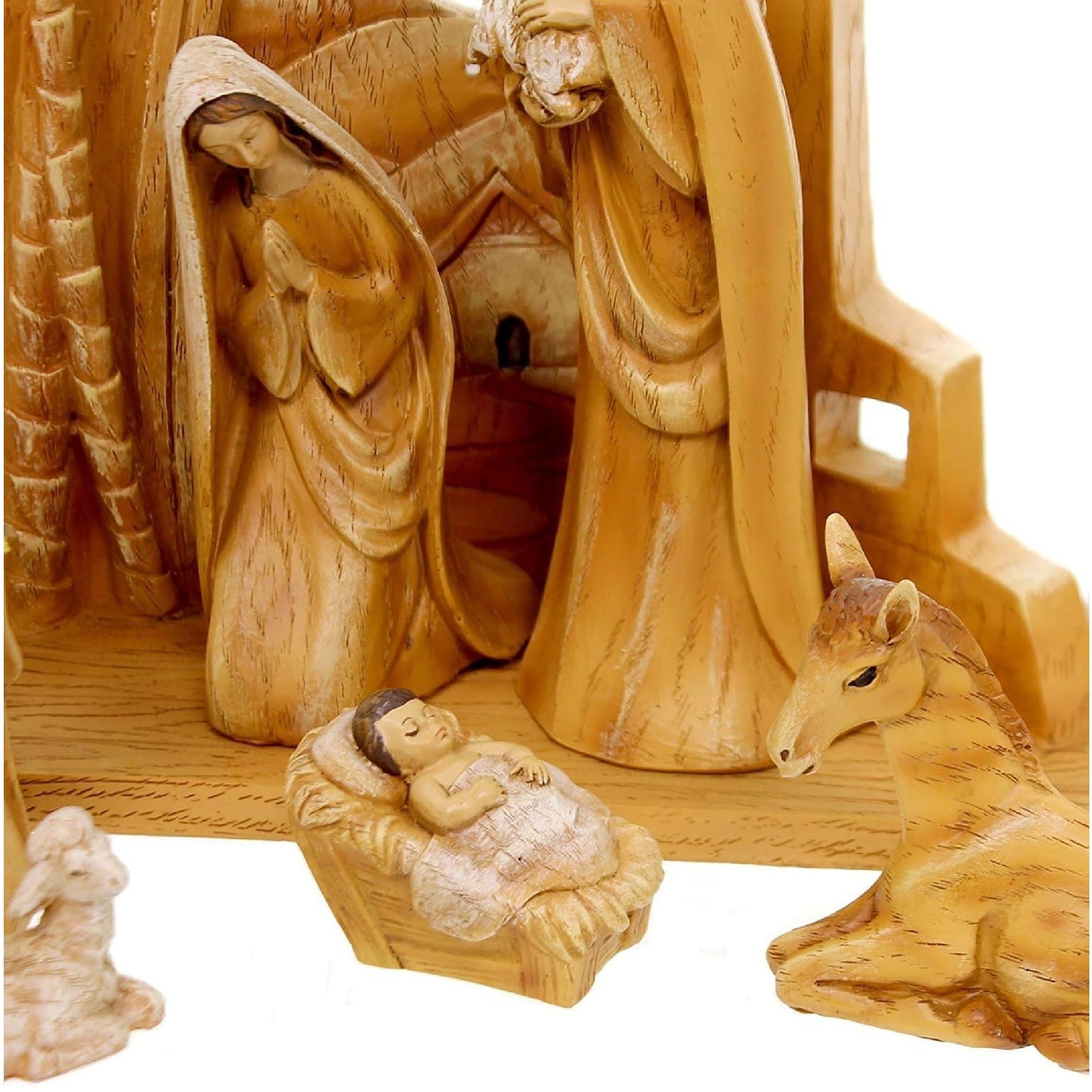 Roman 9pc Set Carved Nativity Scene Back Drop Faux Wood Grain