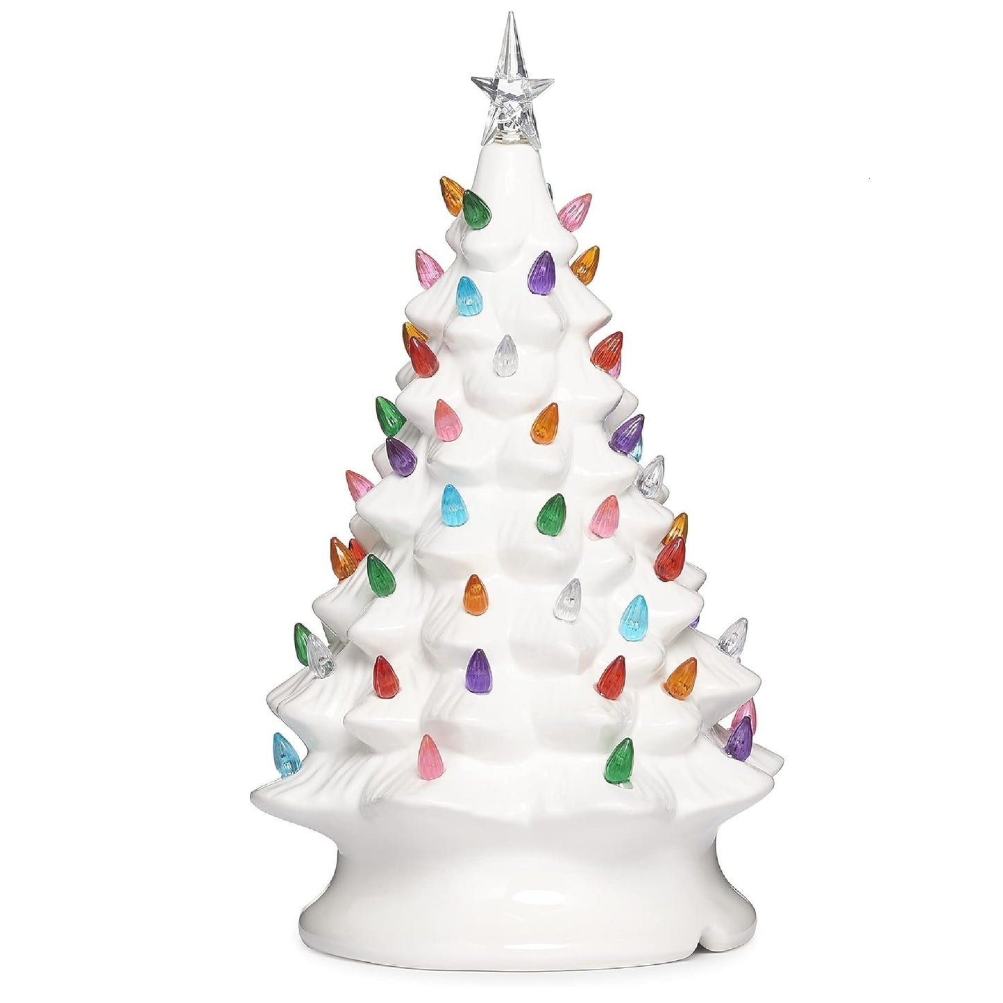 Roman 13.5" Ceramic Vintage White Christmas Tree with Colorful LED Bulbs