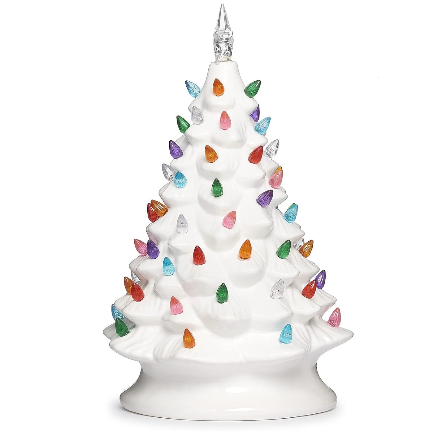 Roman 13.5" Ceramic Vintage White Christmas Tree with Colorful LED Bulbs