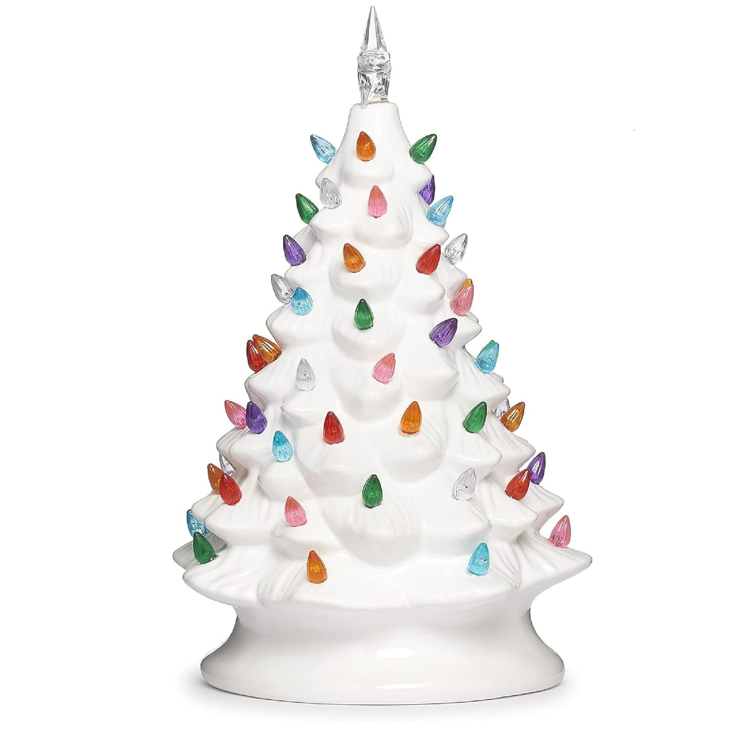 Roman 13.5" Ceramic Vintage White Christmas Tree with Colorful LED Bulbs