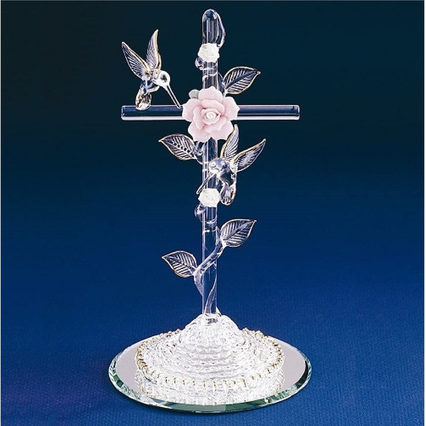 Glass Baron Cross with Pink Rose and Hummingbirds figurine
