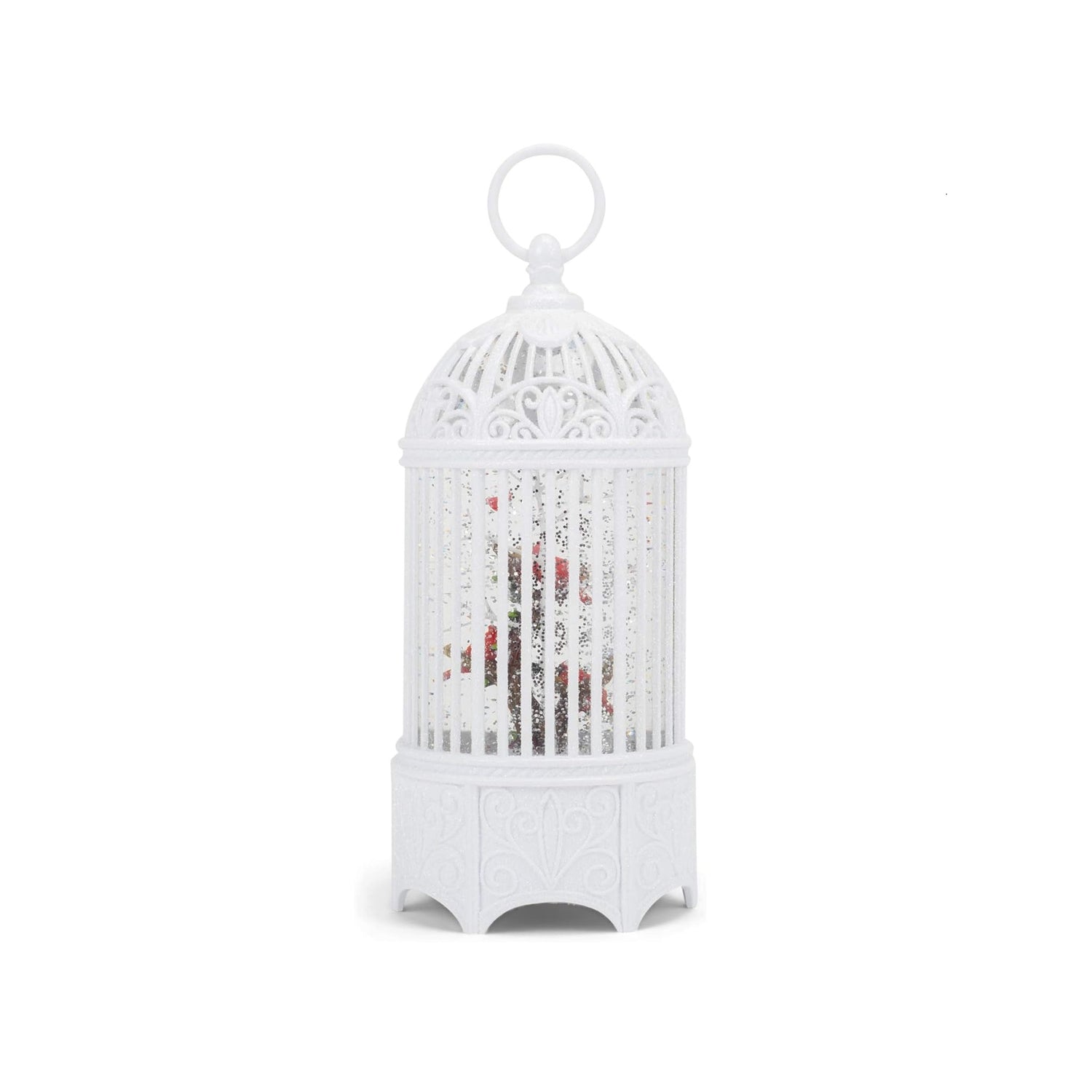 Roman White LED Glitter Swirl Birdcage Lantern with Cardinals