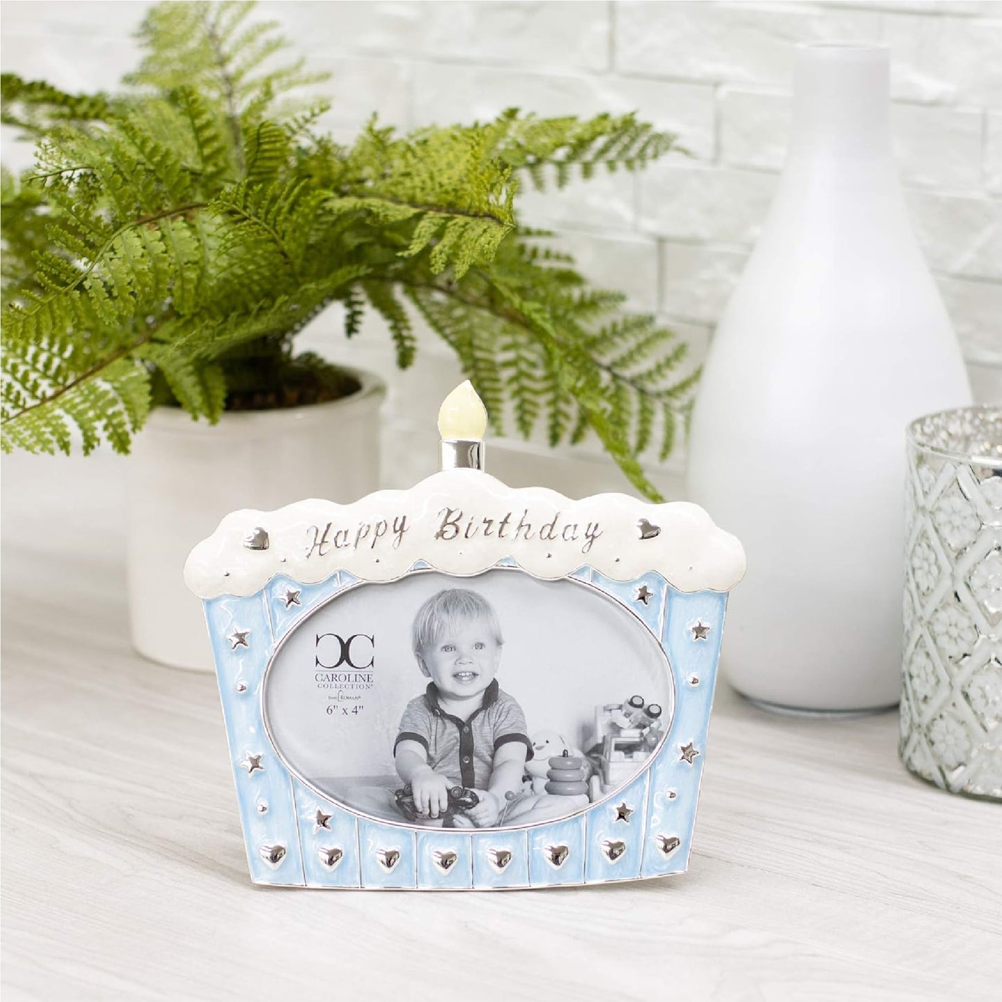 Roman 19064 Caroline Collection Happy Birthday Cake Frame, Holds 4 x 6-inch Photo, 7-inch Height (Blue)