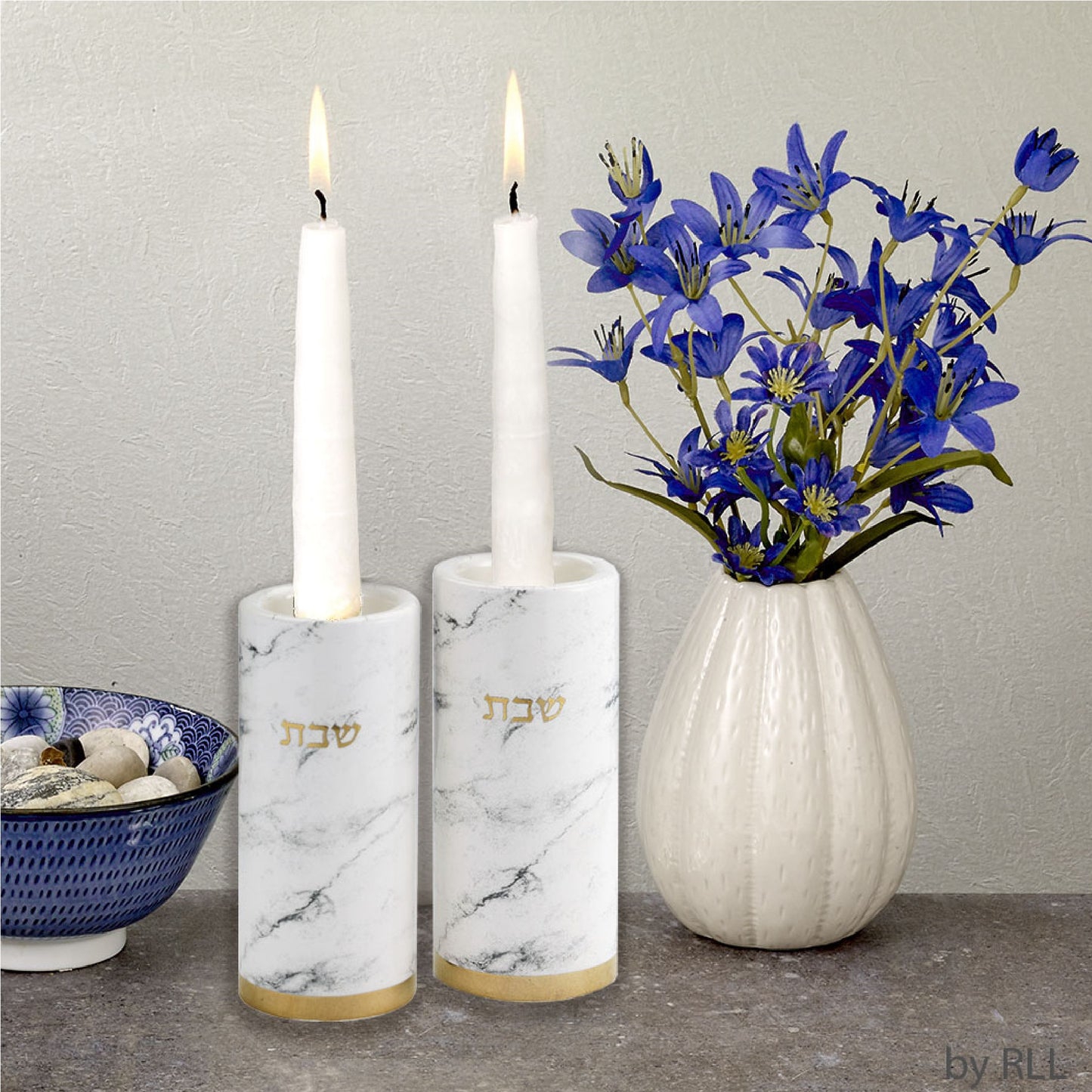 Rite Lite Ceramic Candlestick Set, Marble Design, Gold Accents