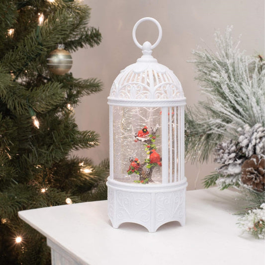 Roman White LED Glitter Swirl Birdcage Lantern with Cardinals