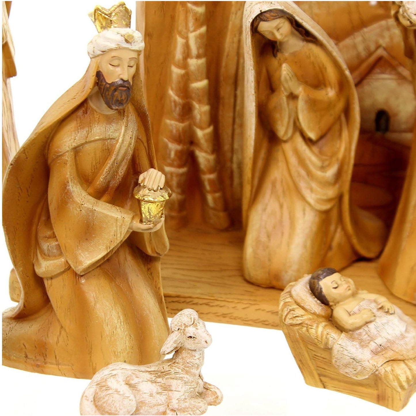 Roman 9pc Set Carved Nativity Scene Back Drop Faux Wood Grain