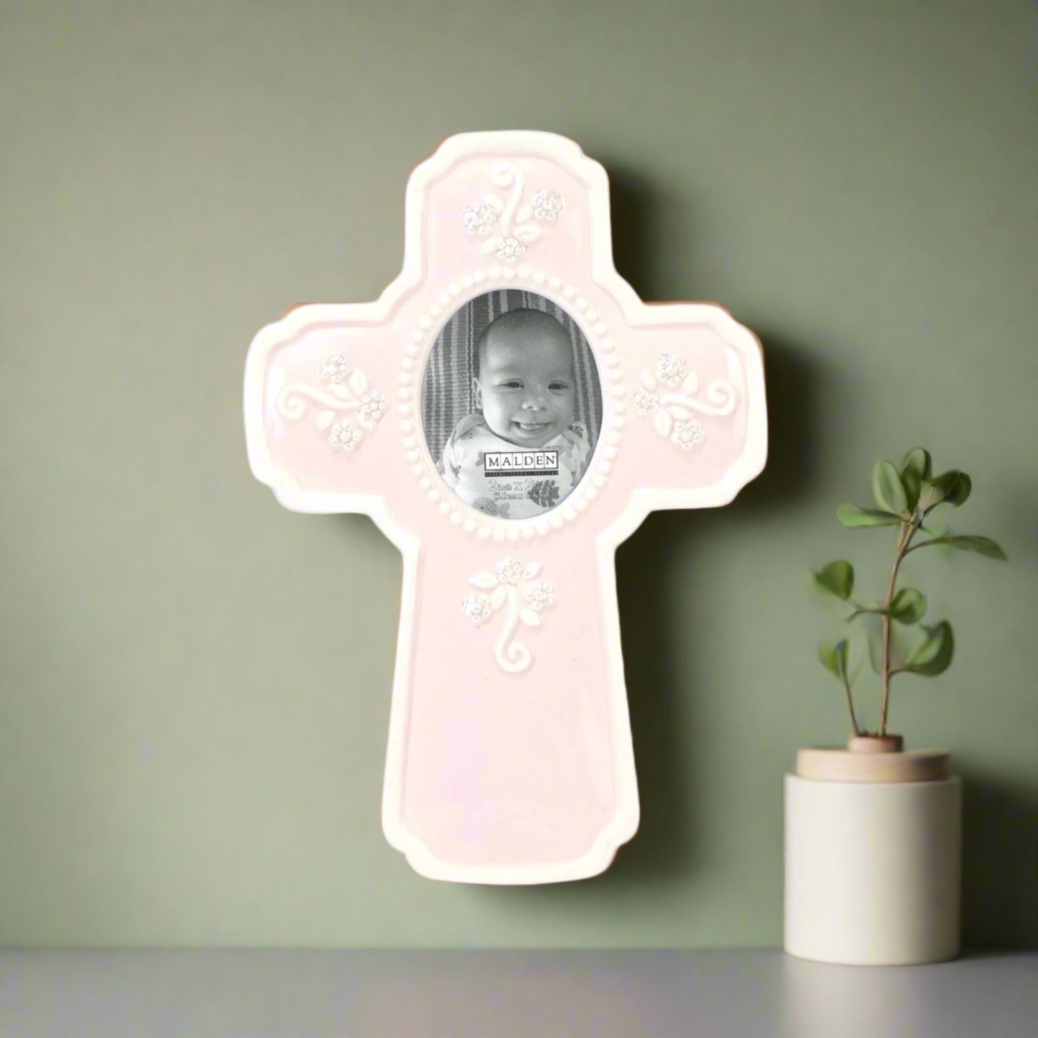 Malden International Designs Glazed Ceramic In a Cross Picture Frame, 2x2, Pink