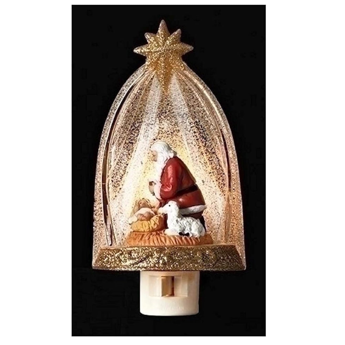 Santa Claus Kneeling Before Baby Jesus in Manger Night Light