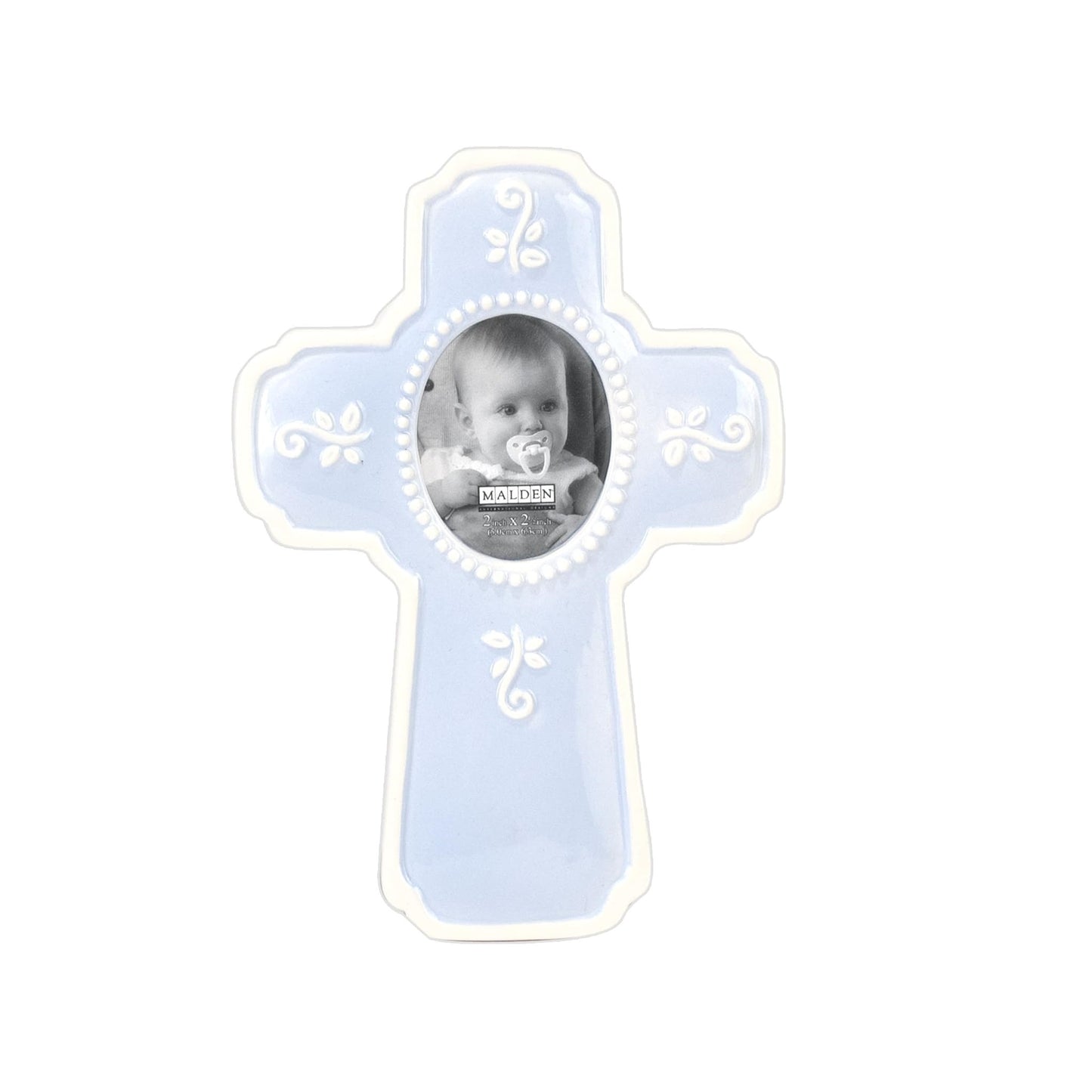 Malden International Designs Glazed Blue Ceramic In a Cross Picture Frame, 2x2