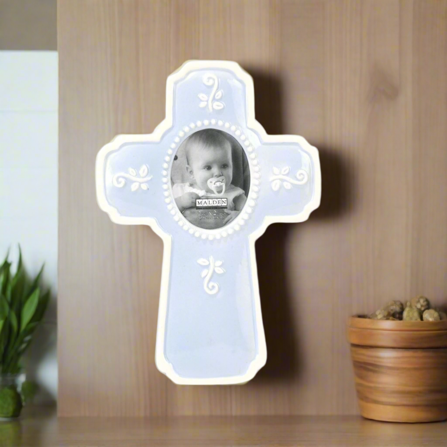 Malden International Designs Glazed Blue Ceramic In a Cross Picture Frame, 2x2