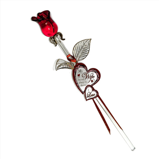 Glass Baron 10.5" Red Stem Rose "My Wife You will always be the one I Love" Glass Figurine