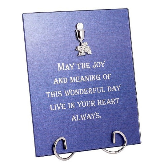 First Communion Blue Glass Table Plaque