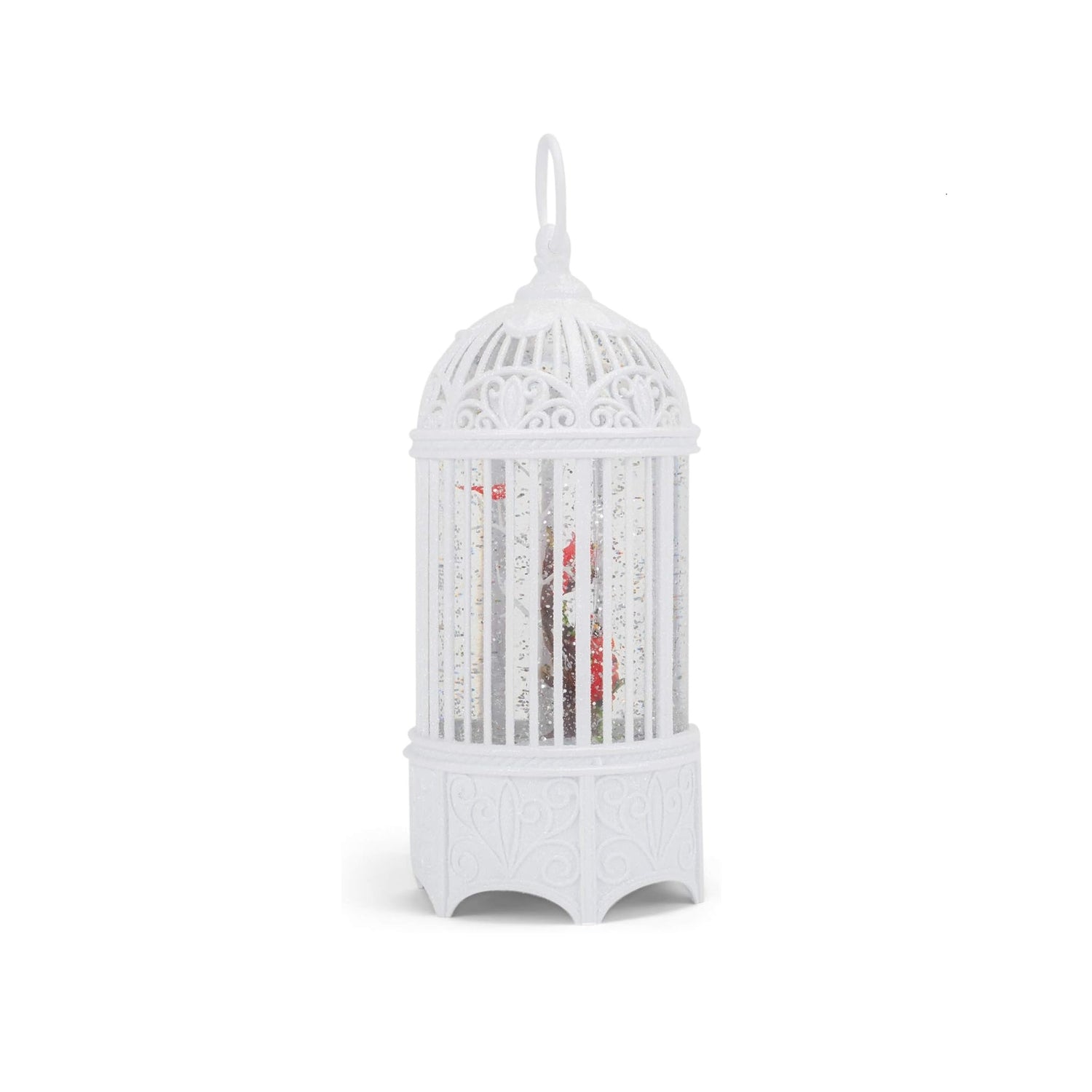 Roman White LED Glitter Swirl Birdcage Lantern with Cardinals