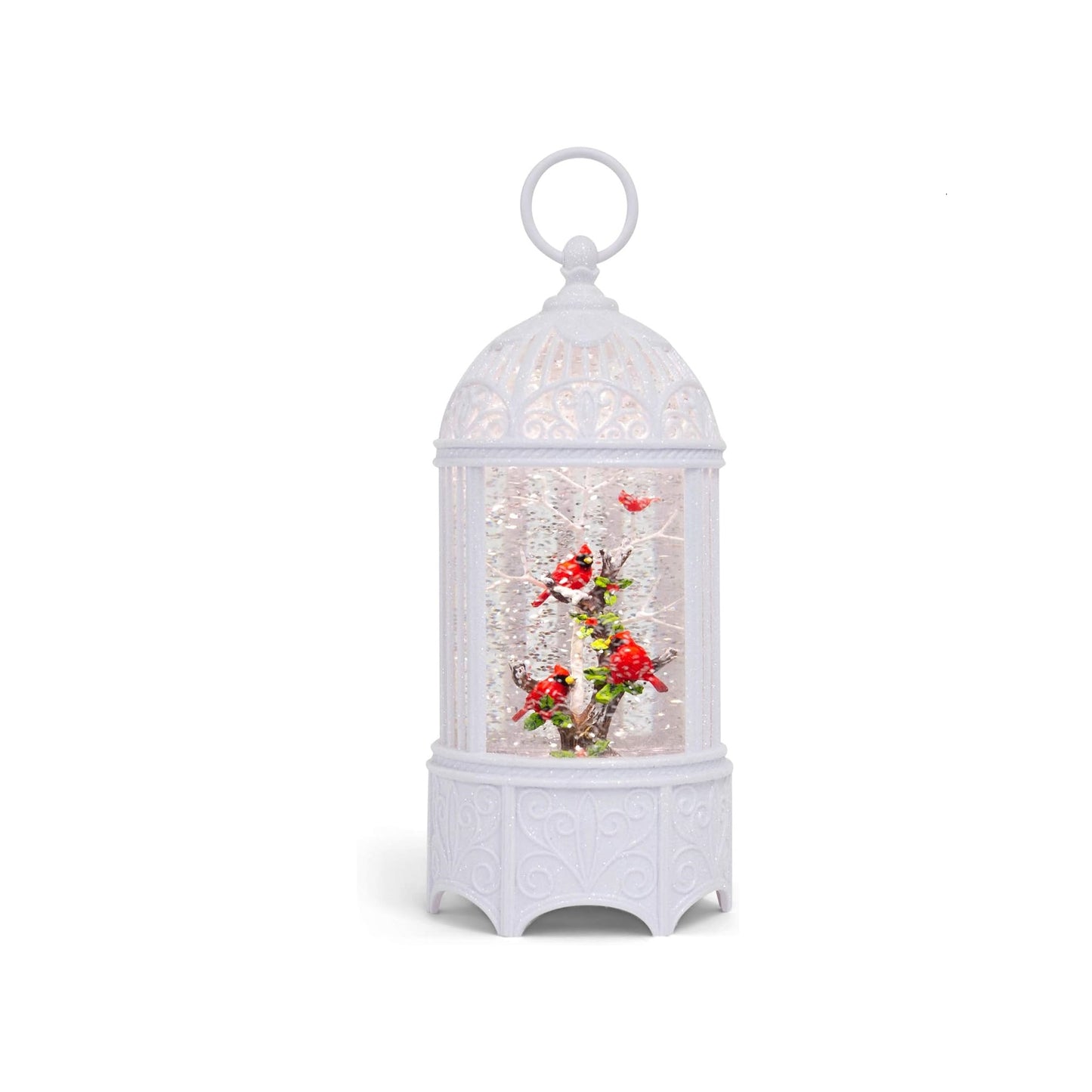 Roman White LED Glitter Swirl Birdcage Lantern with Cardinals