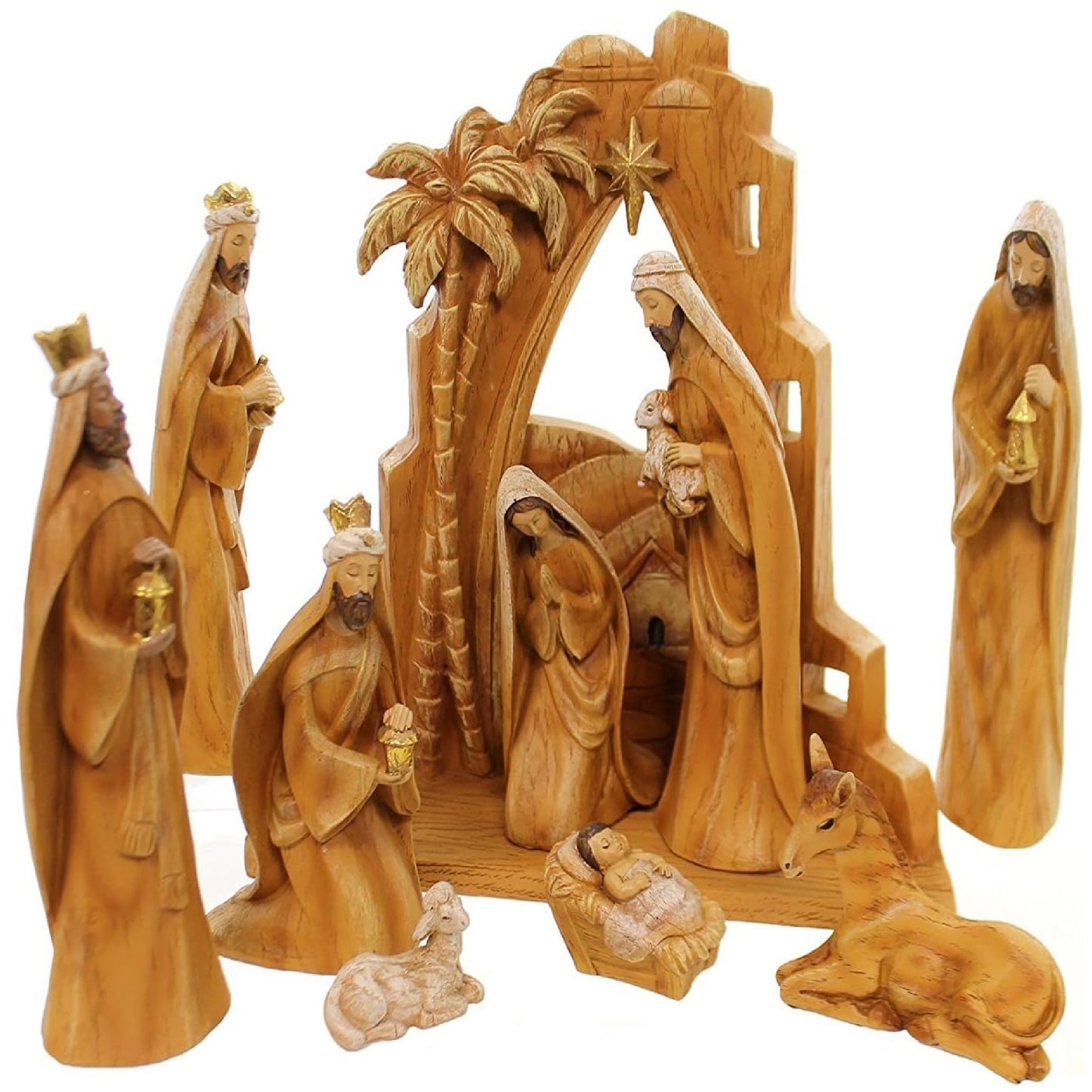 Roman 9pc Set Carved Nativity Scene Back Drop Faux Wood Grain