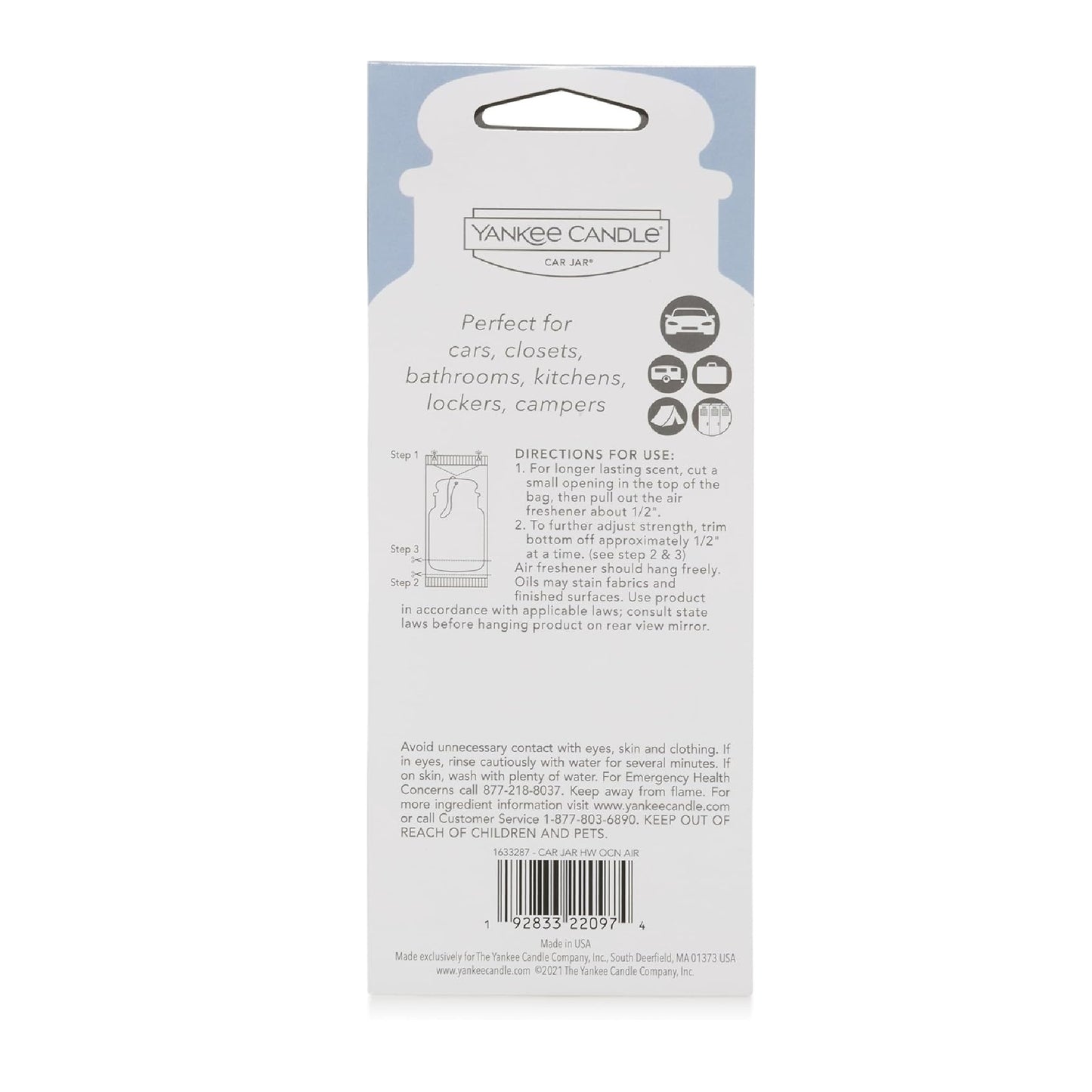 Yankee Candle Paper Car Jar Air Freshener for Long Lasting Fragrance, Ocean Air