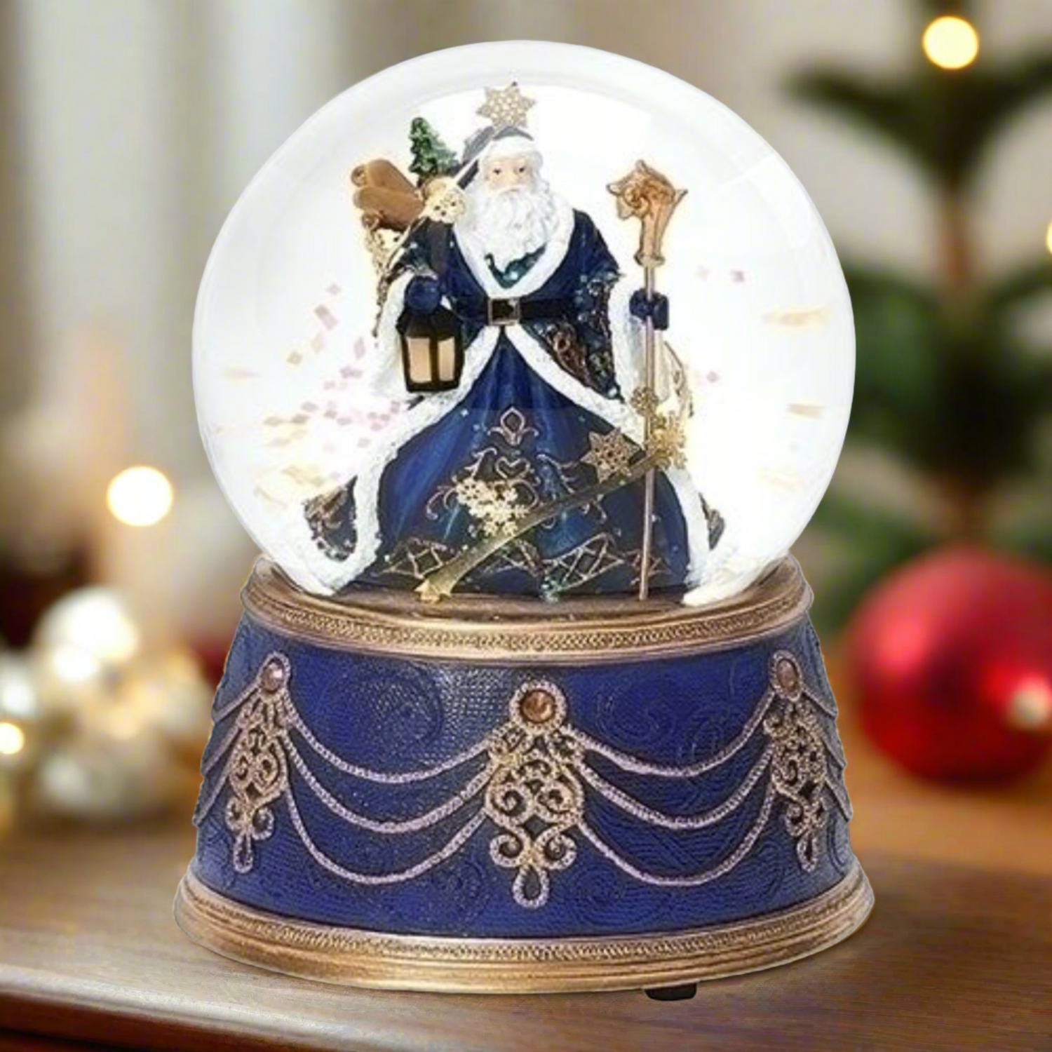 Roman Santa's Musical Windup Waterglobe Blue Base Gold Trim