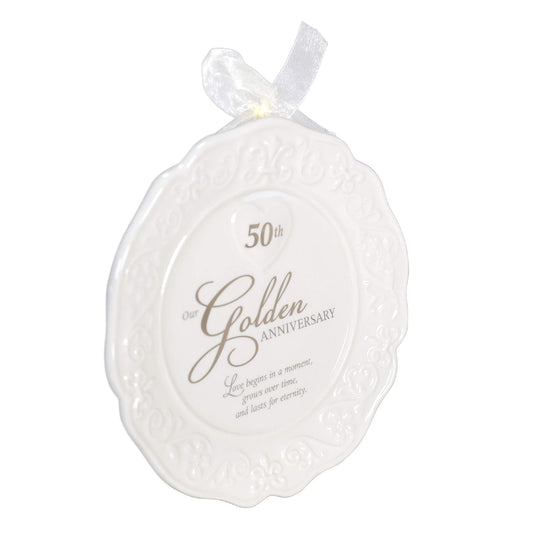 Malden International Designs Glazed Ceramic 50th Anniversary Plate With Gold Accents And Ribbon For Hanging, 9x9, White