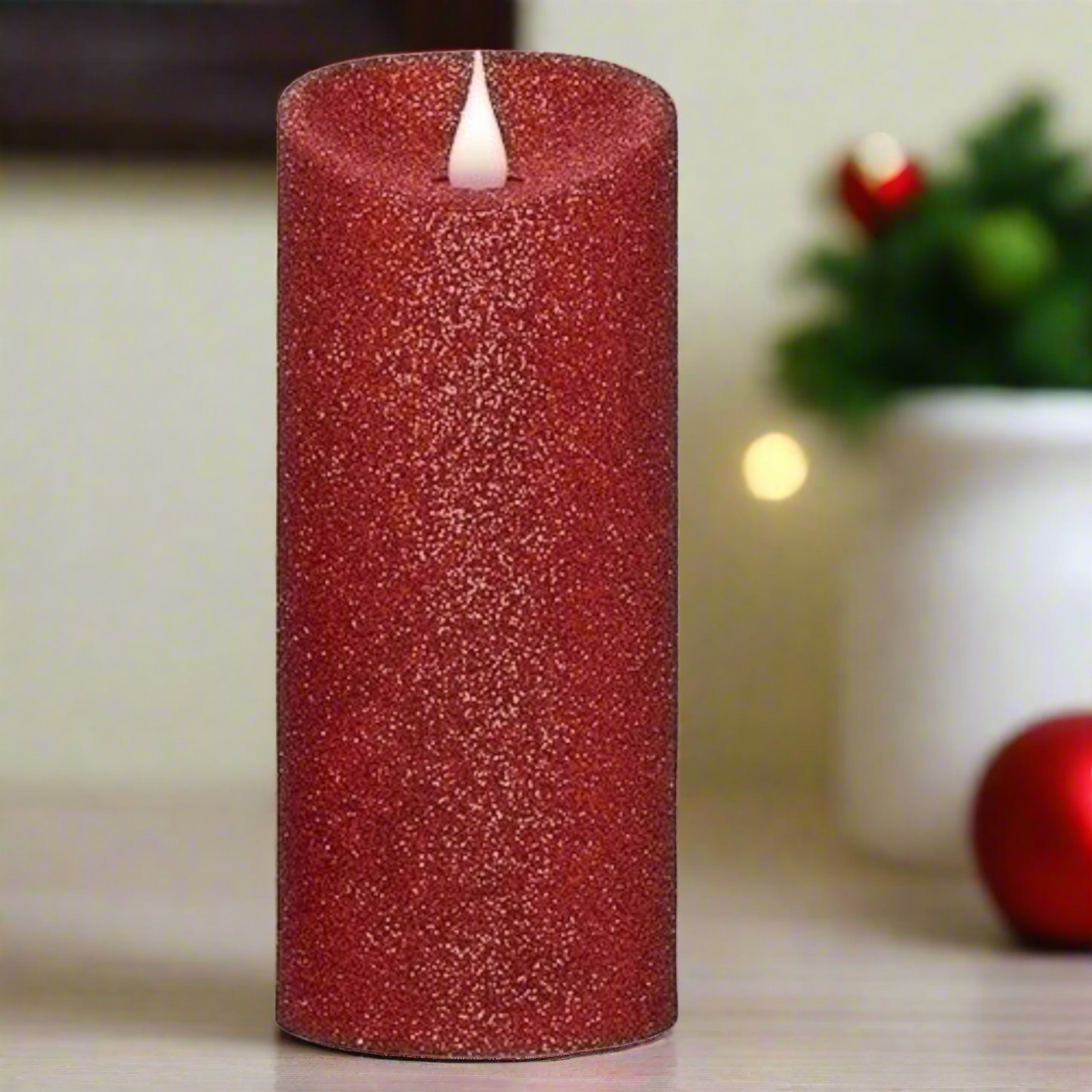 Roman Flameless LED Candle 7"H Red Glitter Pillar Outdoor 3-D Motion