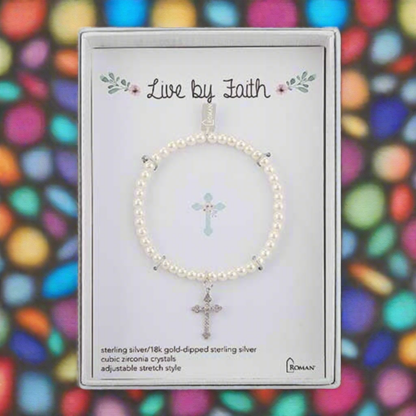 Live By Faith White Pearl 6" Stretch Sterling Silver Cross & Gift Box by Roman