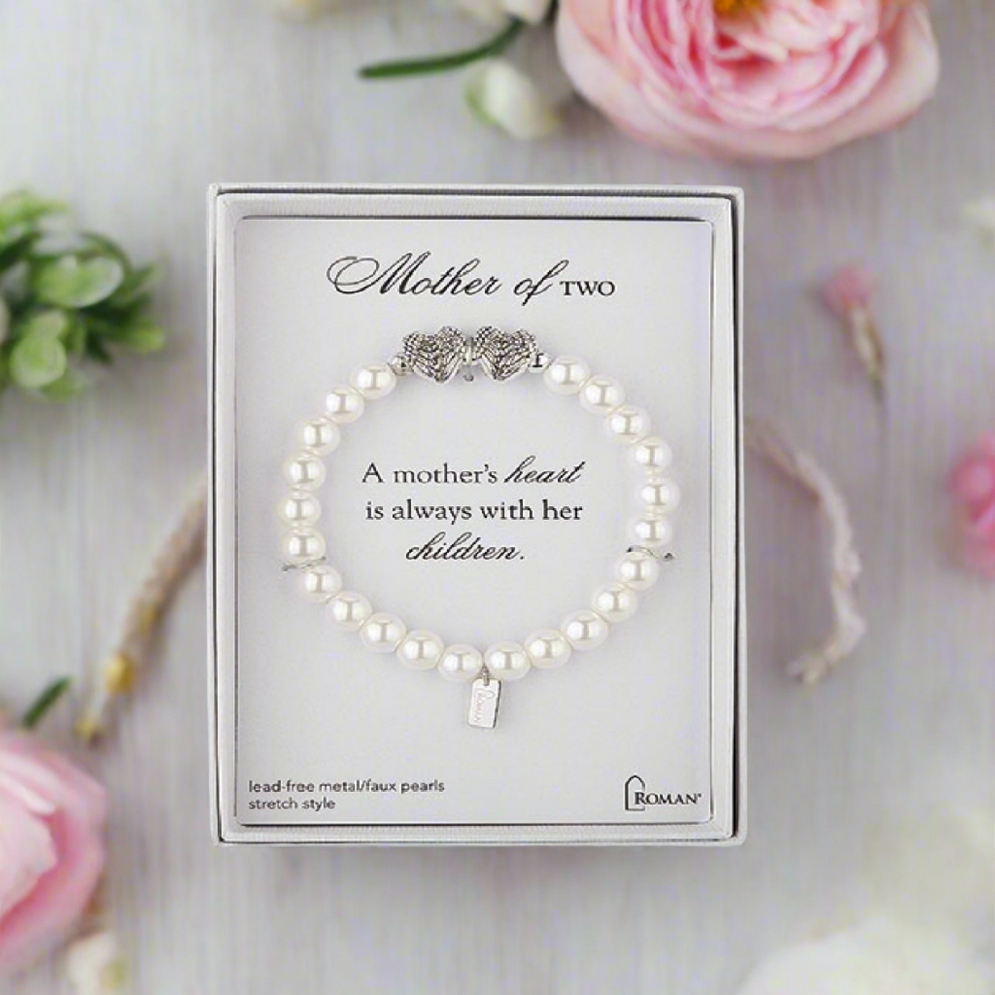 Roman Mother of Two White Faux Pearl Stretch Bracelet 7"