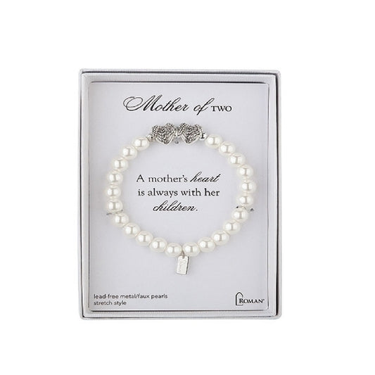 Bracelet extensible romain mère de deux fausses perles blanches 7" 