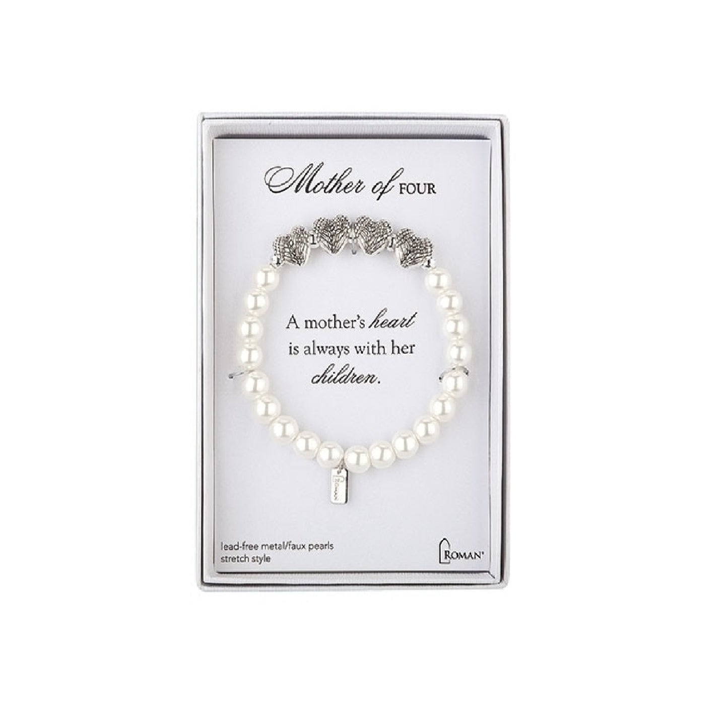 Mother of Four White Faux Pearl Stretch Bracelet 7"