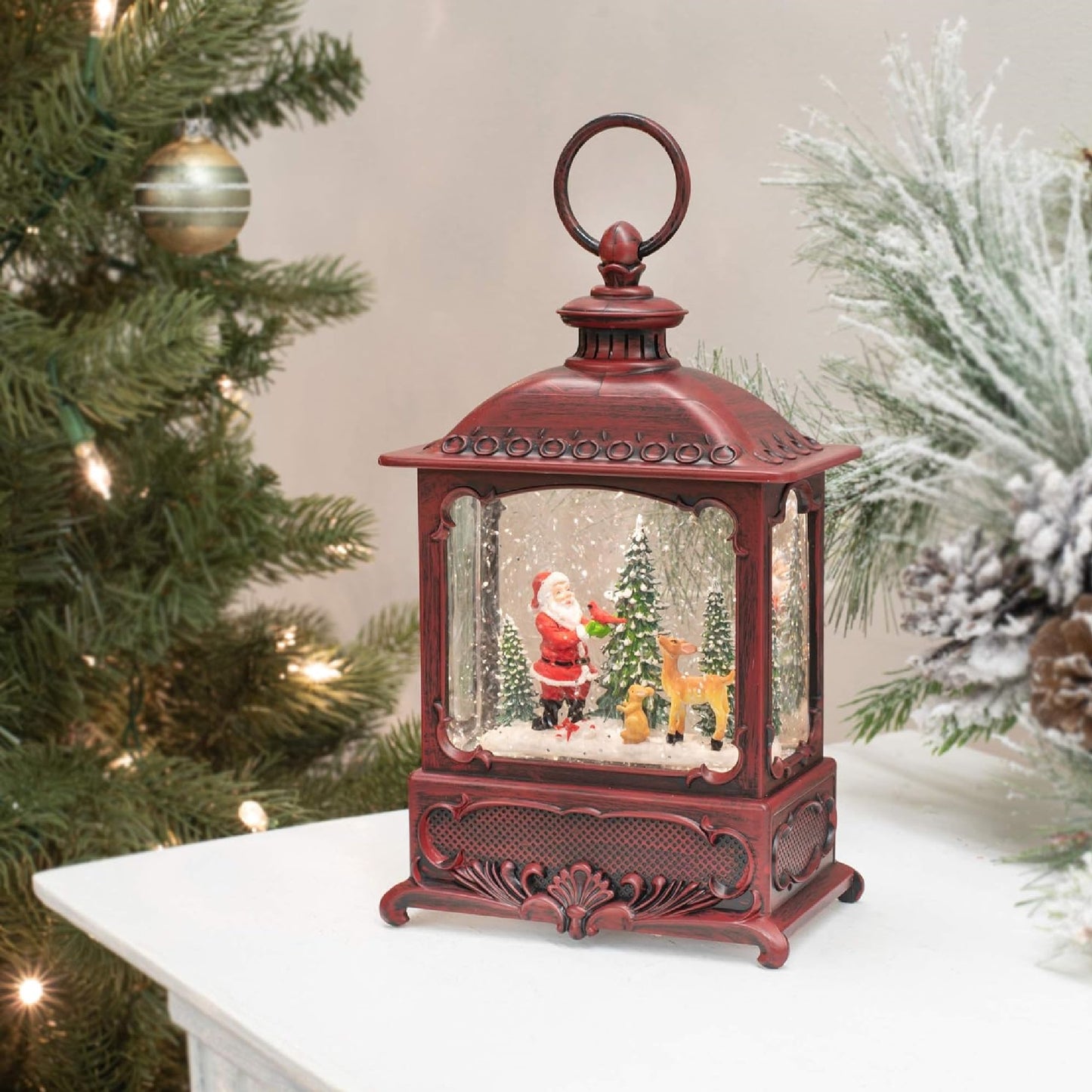 Roman LED Red Lantern With Santa With Cardinal