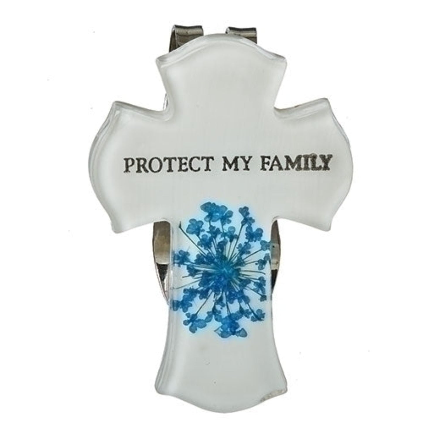 Roman Blue Flower Protect My Family Cross Visor Clip