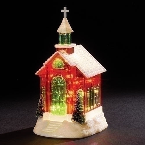 Roman LED Red Church with Green Accents 10.75 Inches
