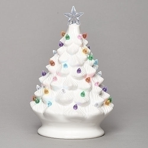 Roman 13.5" Ceramic Vintage White Christmas Tree with Colorful LED Bulbs