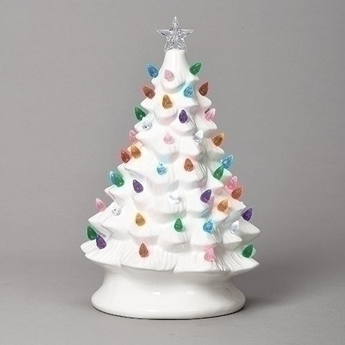 Roman 8" Ceramic Vintage White Christmas Tree with Colorful LED Bulbs
