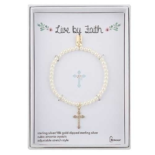 Live By Faith White Pearl 6" Stretch 18k Gold-Dipped Sterling Silver & Gift Box by Roman