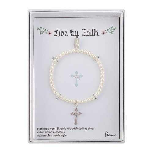 Live By Faith White Pearl 6" Stretch Sterling Silver Cross & Gift Box by Roman
