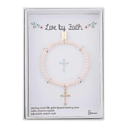 Live By Faith Pink Pearl 6" Stretch 18k Gold-Dipped Sterling Silver & Gift Box by Roman