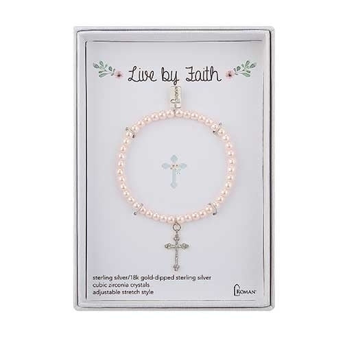 Live By Faith Light Pink Pearl 6" Stretch Sterling Silver Cross & Gift Box by Roman