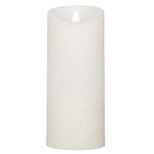 Roman Flameless LED Candle 7"H White Glitter Pillar Outdoor 3-D Motion