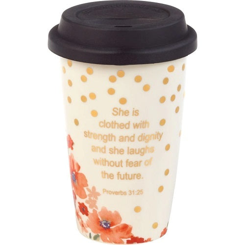 She Is Clothed In Strength And Dignity, Ceramic Travel Coffee Mug With Lid