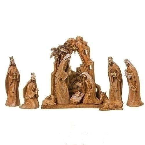 Roman 9pc Set Carved Nativity Scene Back Drop Faux Wood Grain