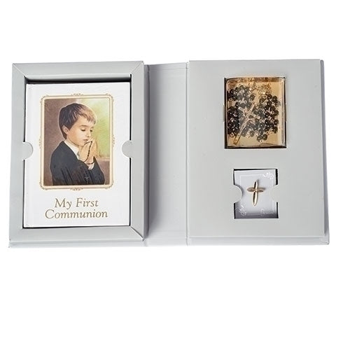 Communion 4PC Boy Grey Folder Set With Book, Rosary and Pin