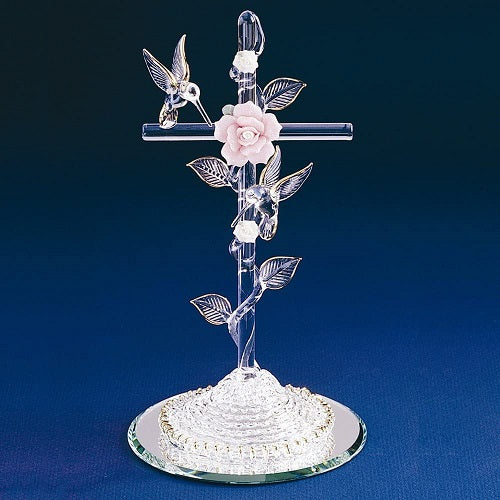 Glass Baron Cross with Pink Rose and Hummingbirds