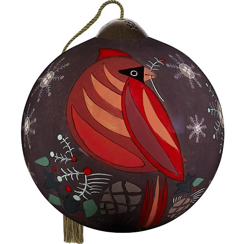 Season's Greetings Cardinal, Hand-Painted Glass Ornament